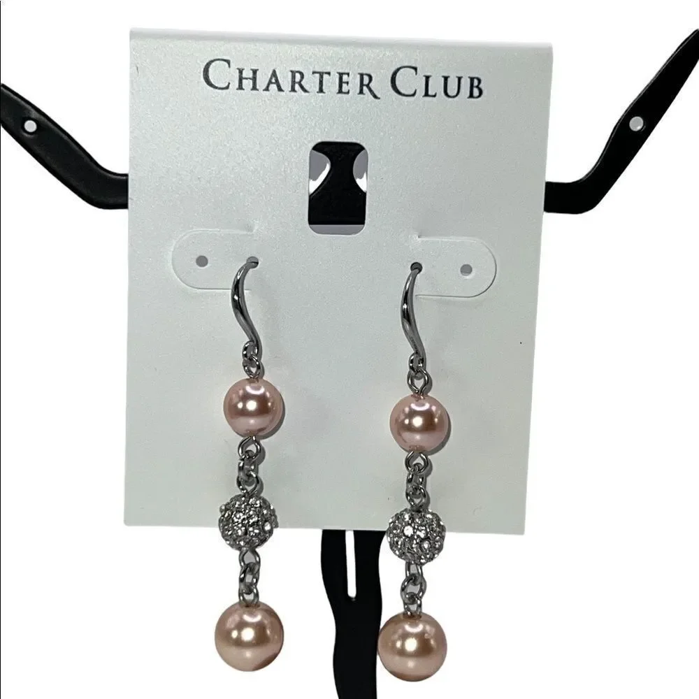 Charter Club Silver-Tone Pavé Fireball & Colored Faux Pearl Drop Earrings NWT